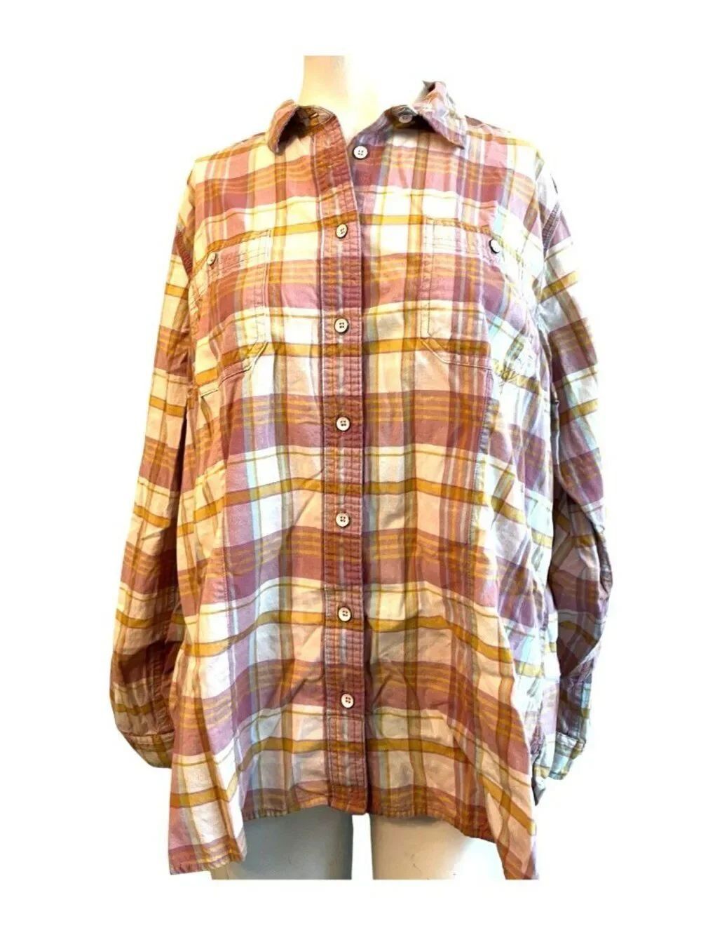 Duluth Trading Womens 2XL Button Down Shirt Pink Plaid Lightweight Chest Pockets